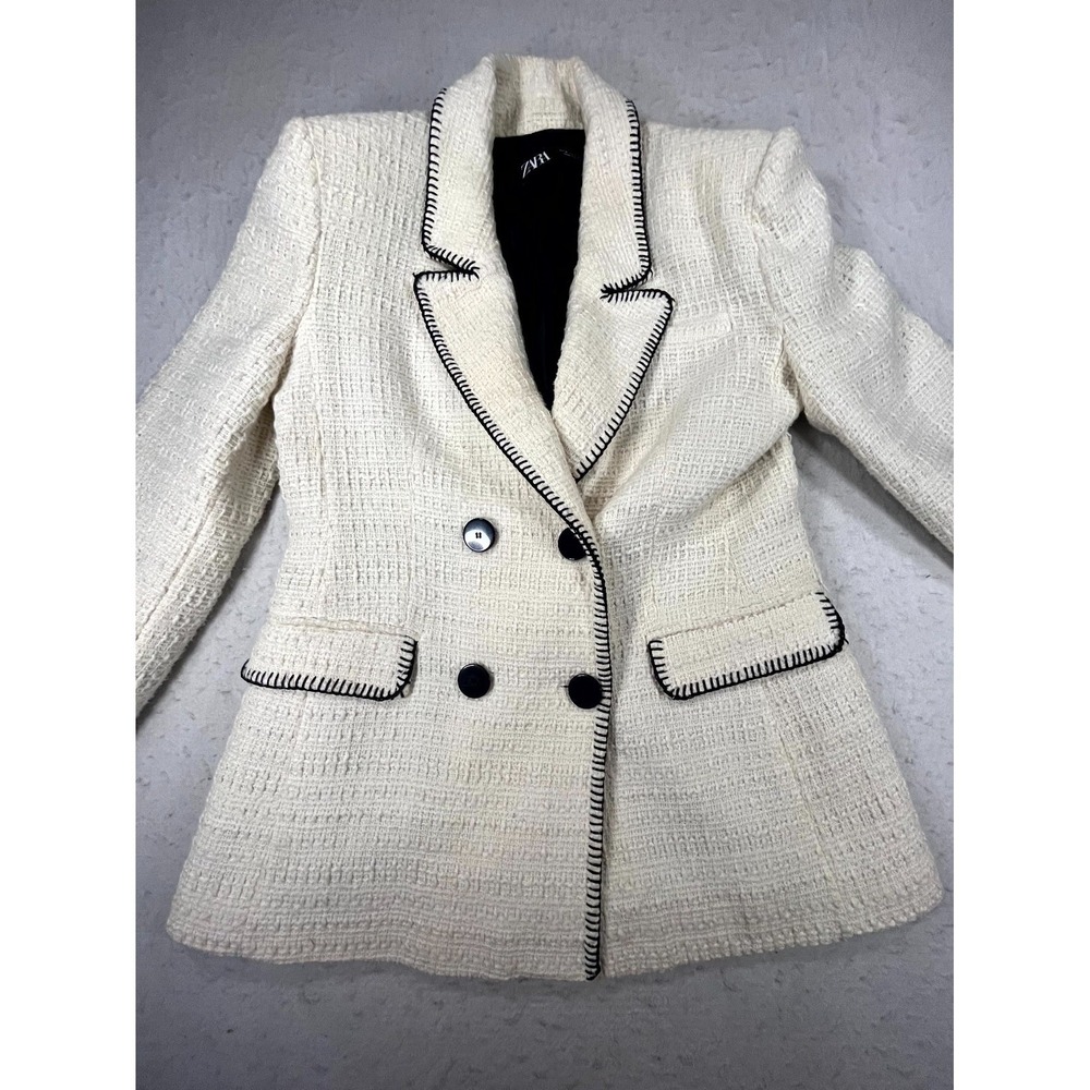 Zara Blazer Jacket Women Medium Cream Cotton Boucle Double Breasted Notch Lapel - Picture 2 of 10